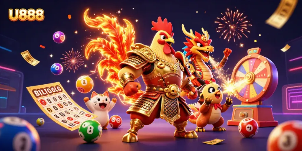 Experience the thrill of U888 with a vibrant 3D casino scene featuring dynamic gaming elements.