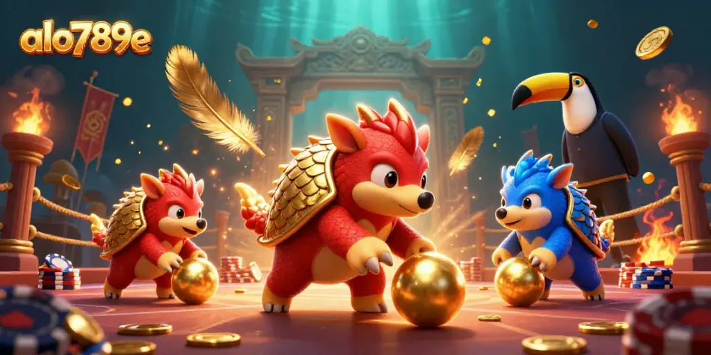 Watch the rival pangolins in red and blue armor bowl golden balls as alo789e-themed confetti showers down.