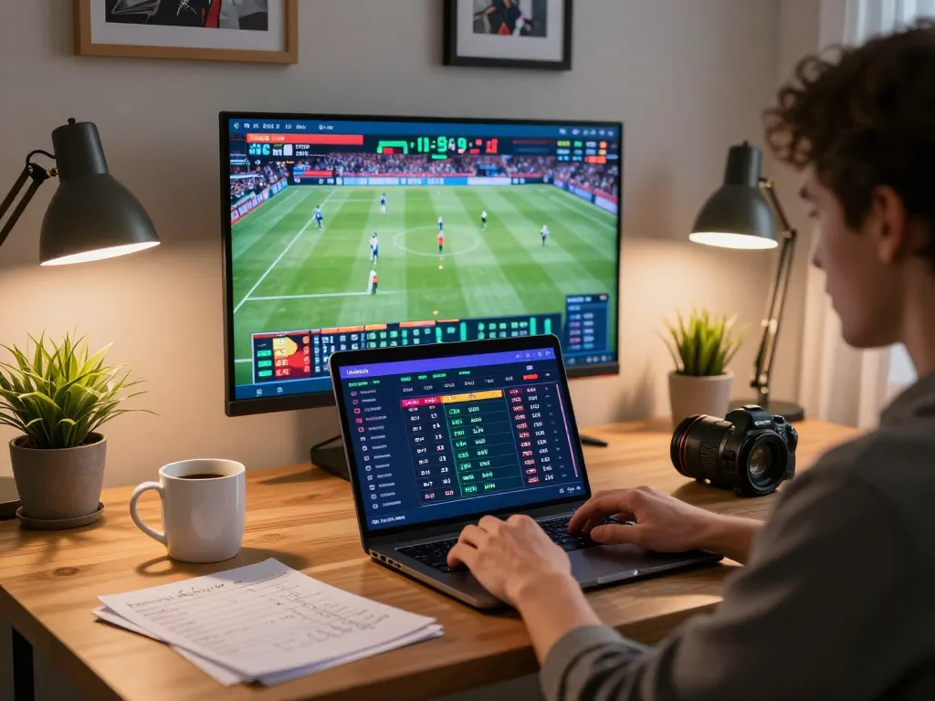 Betting enthusiast engaging with VA88 sports betting app on a laptop, capturing dynamic gaming moments.