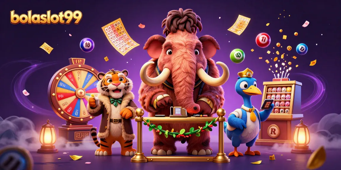 Experience the vibrant energy of bolaslot99 with a cartoon illustration featuring unique casino characters and dynamic game elements.