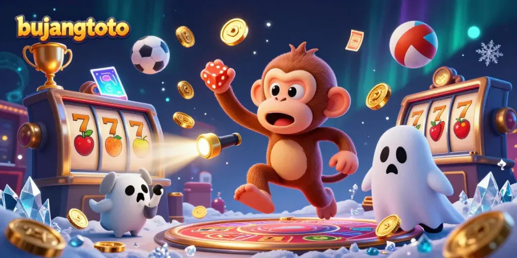 Engage in the magical bujangtoto world with a mischievous monkey juggling golden casino elements.