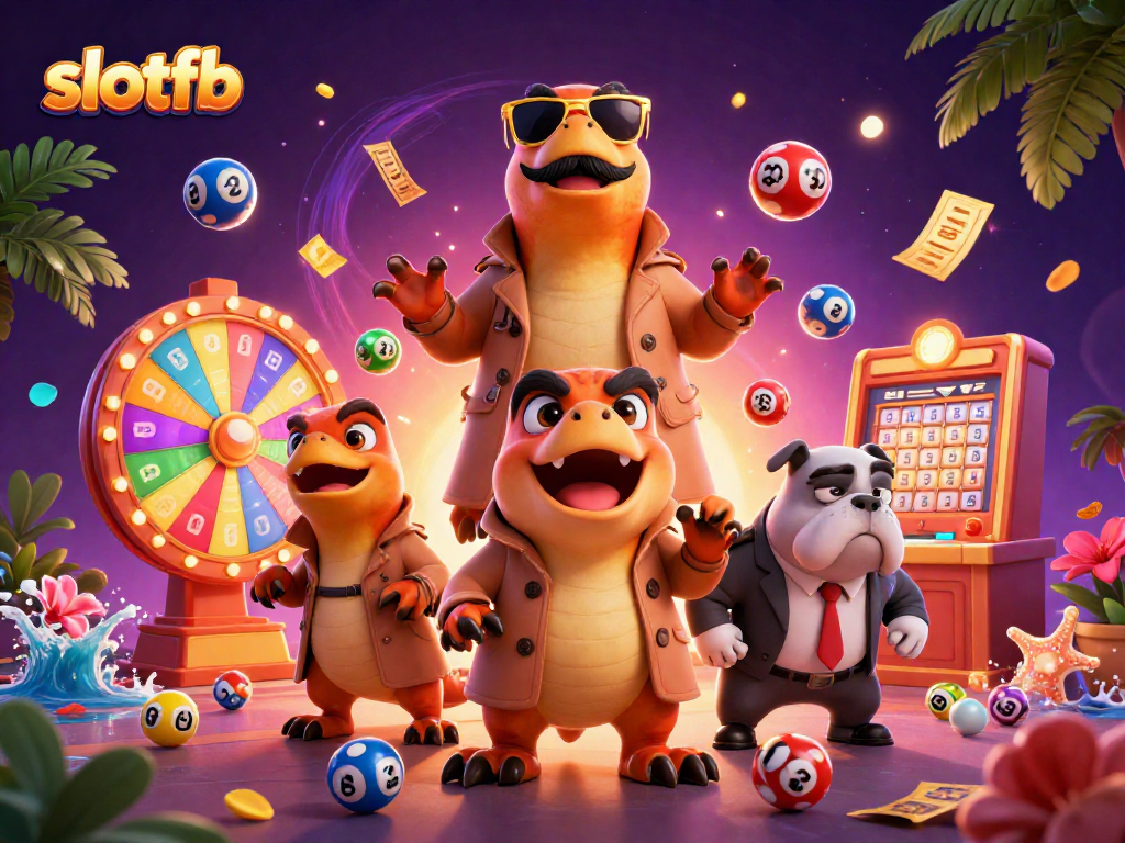 Play slots at slotfb with vibrant lottery elements and a humorous casino scene featuring raptors.