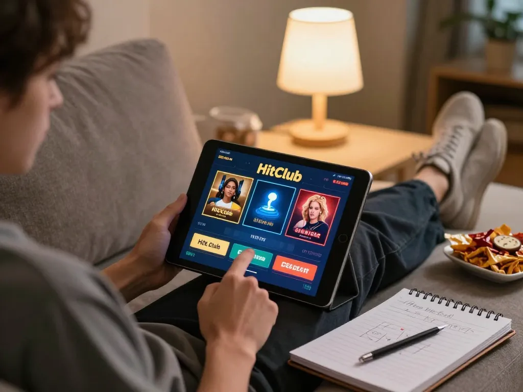 Engaging player using Hitclub app on tablet, showcasing an inviting home gaming atmosphere.