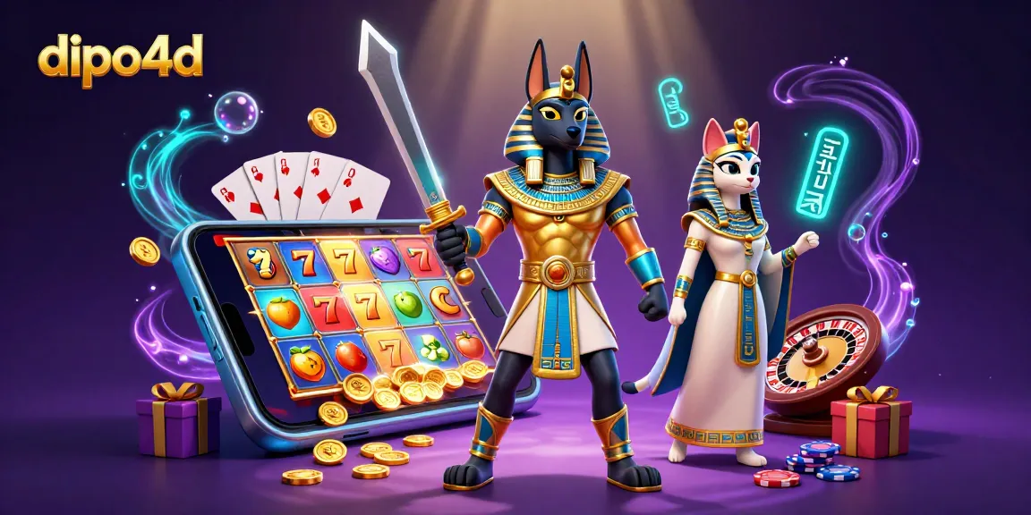 Dive into the thrilling world of dipo4d with an energetic slot game scene featuring Anubis and Bastet.