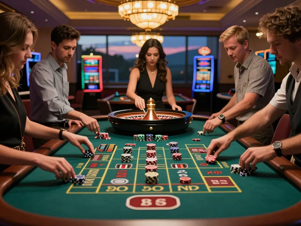 Players placing bets at a roulette table in tg88 casino, capturing strategic gameplay under warm lighting