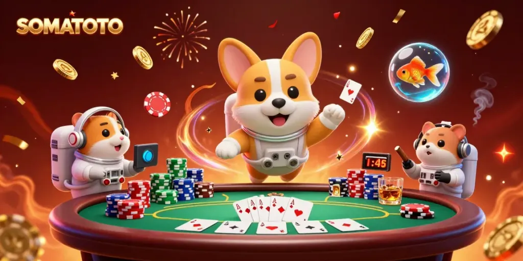 Play at SOMATOTO's vibrant space casino with an astronaut corgi and floating poker elements.