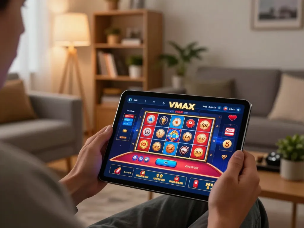 Engaged player at trang chủ vmax using a tablet for online casino gaming, showcasing vibrant app interface and cozy home atmosphere.