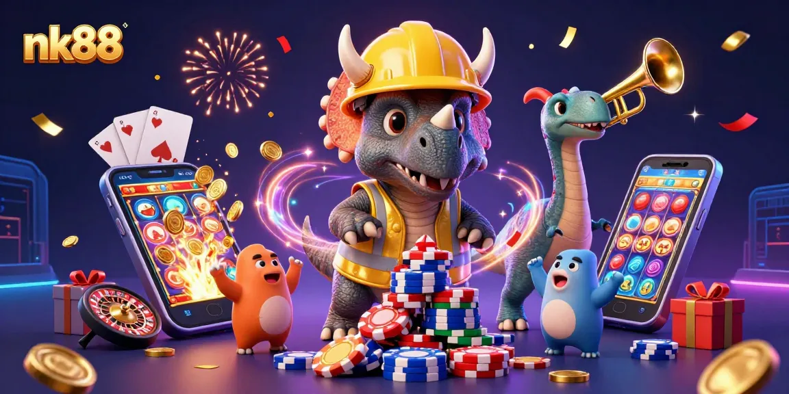 Join the fun at nk88 with dinosaurs celebrating casino wins amidst spinning reels and golden coins!