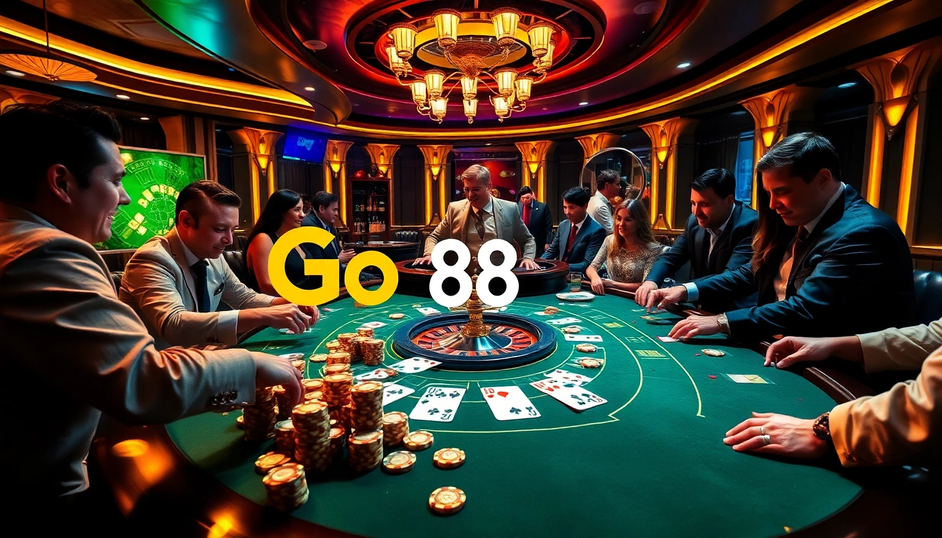 High-stakes gambling action featuring go 88 logo on poker table with cards and chips.
