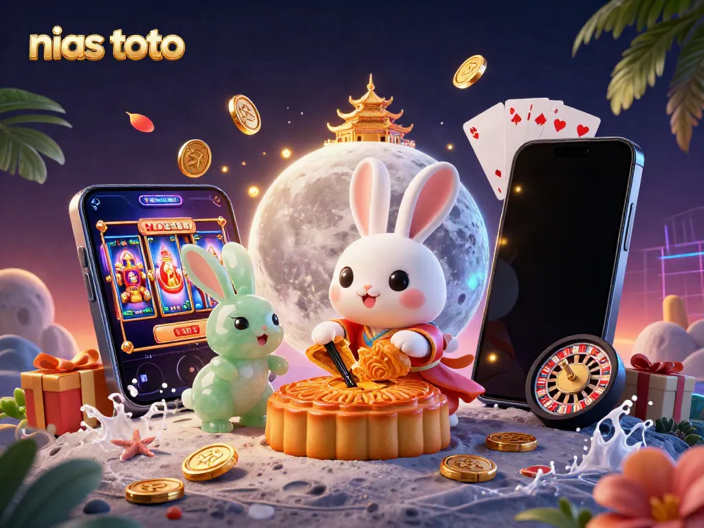 Ilustrasi kasino nias toto dengan kelinci bulan 3D dan elemen permainan menarik.