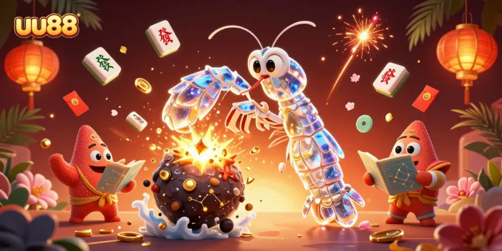 Engage in thrilling gameplay at uu88, where 3D characters experience explosive wins amidst golden gems and casino elements.
