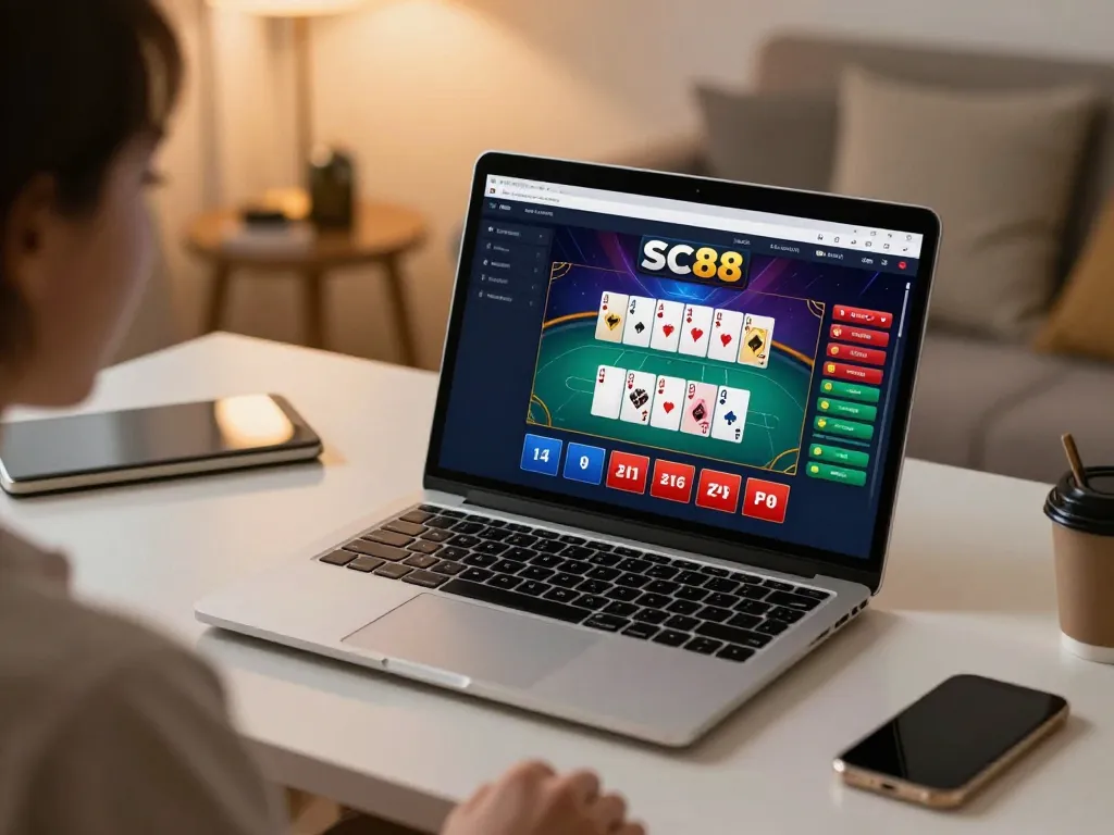 Playing SC88 poker online from a cozy home setup with an engaging interface and warm ambiance.