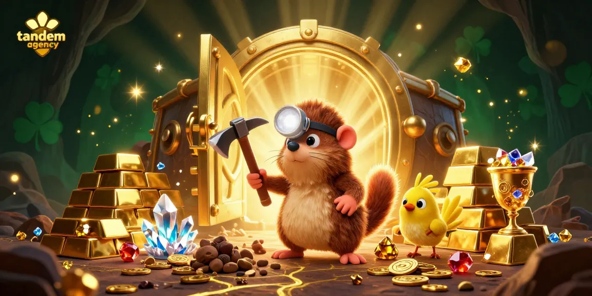 Tandemagency showcases a 3D cartoon treasure hunter mole exploring a vibrant casino scene filled with gold treasures.