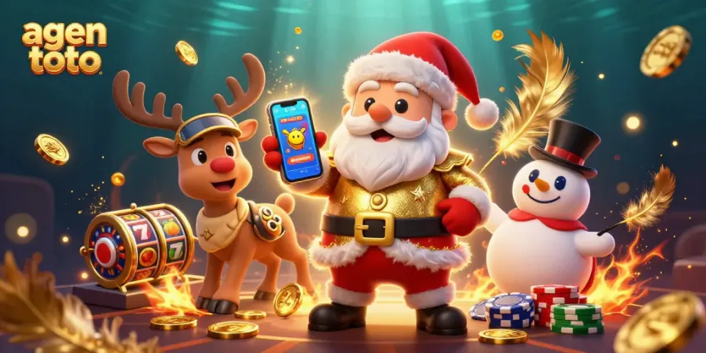 Gambarlah agen toto dengan Santa Claus kartun, teman rusa, dan badut salju di kasino bersinar.