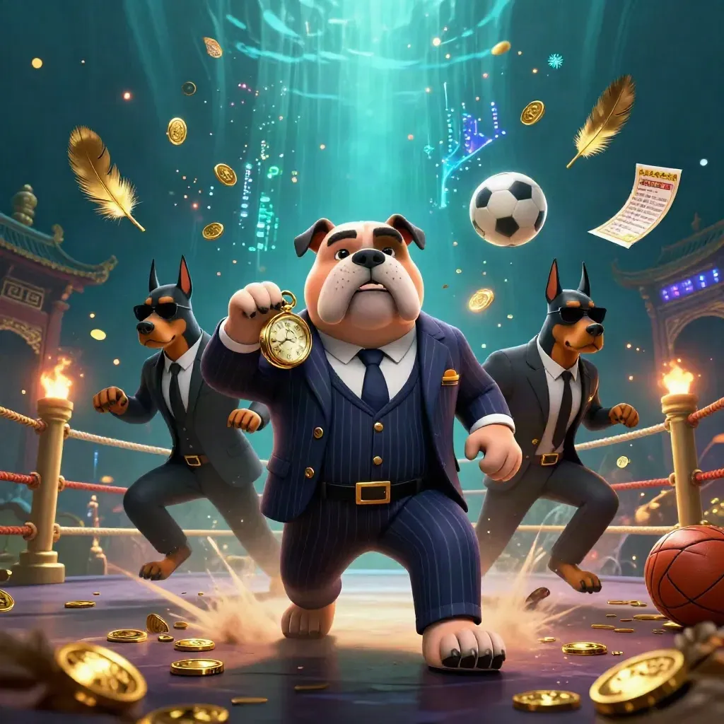 Bulldog bos mafia dan dua Doberman di tengah ledakan emas, kuil, dan efek neon.