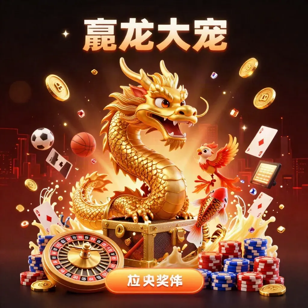 Naga emas, phoenix, koi, koin, roda roulette, dan objek taruhan melayang di latar neon mewah.