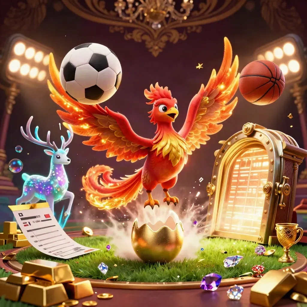 Phoenix, rusa kristal, bola, dan harta kasino mewah meledak di cahaya dramatis.