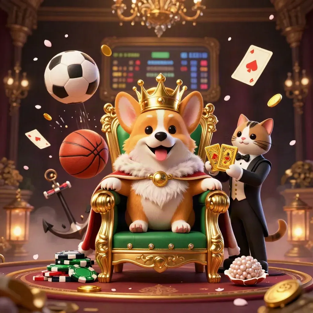 Kucing butler dan corgi mahkota di atas chip, dikelilingi koin, bola, dan cahaya emas.