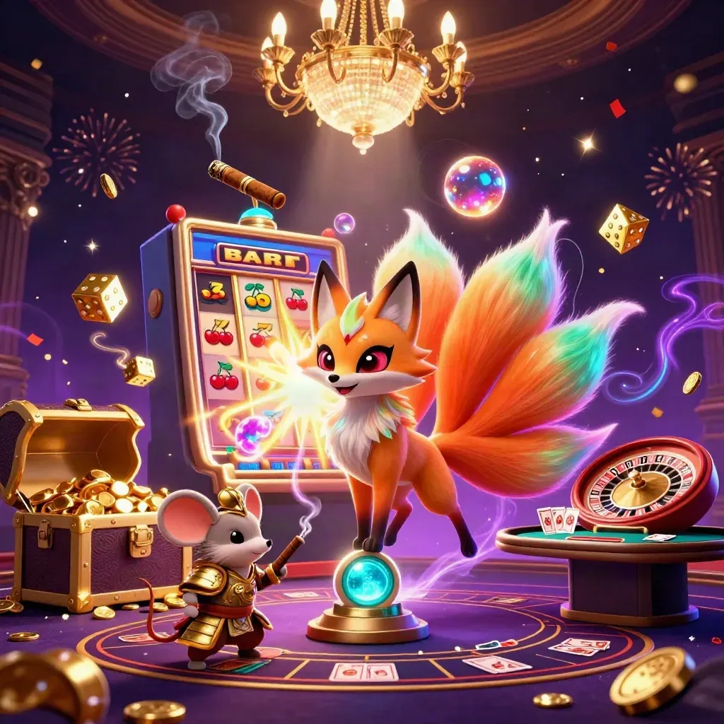 Rubah roh sembilan ekor dan tikus samurai emas di tengah ledakan slot dan sihir neon.