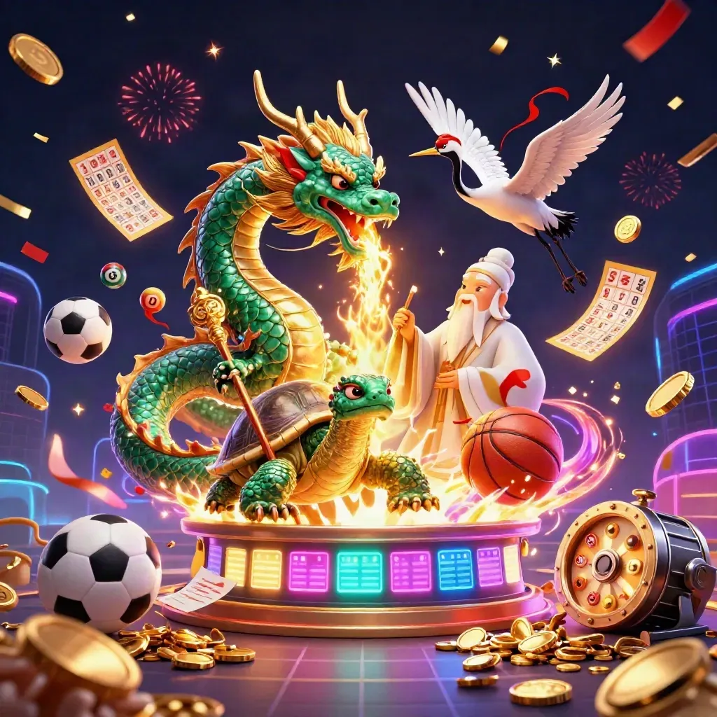 Naga zamrud, kura bijak, dan bangau di tengah ledakan koin, bonus, dan efek neon kasino.