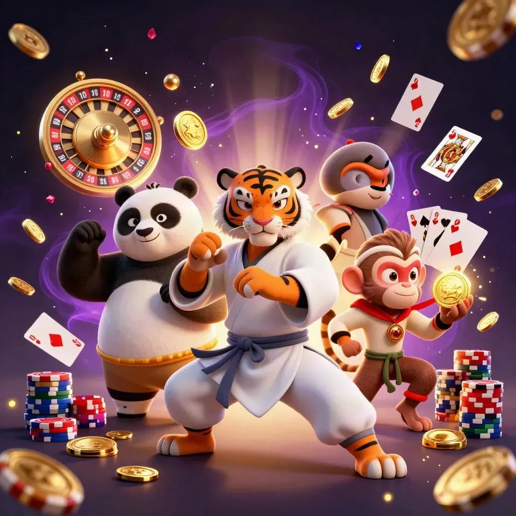 Harimau kung-fu, panda, dan monyet di tengah emas, permata, dan cahaya kasino neon.