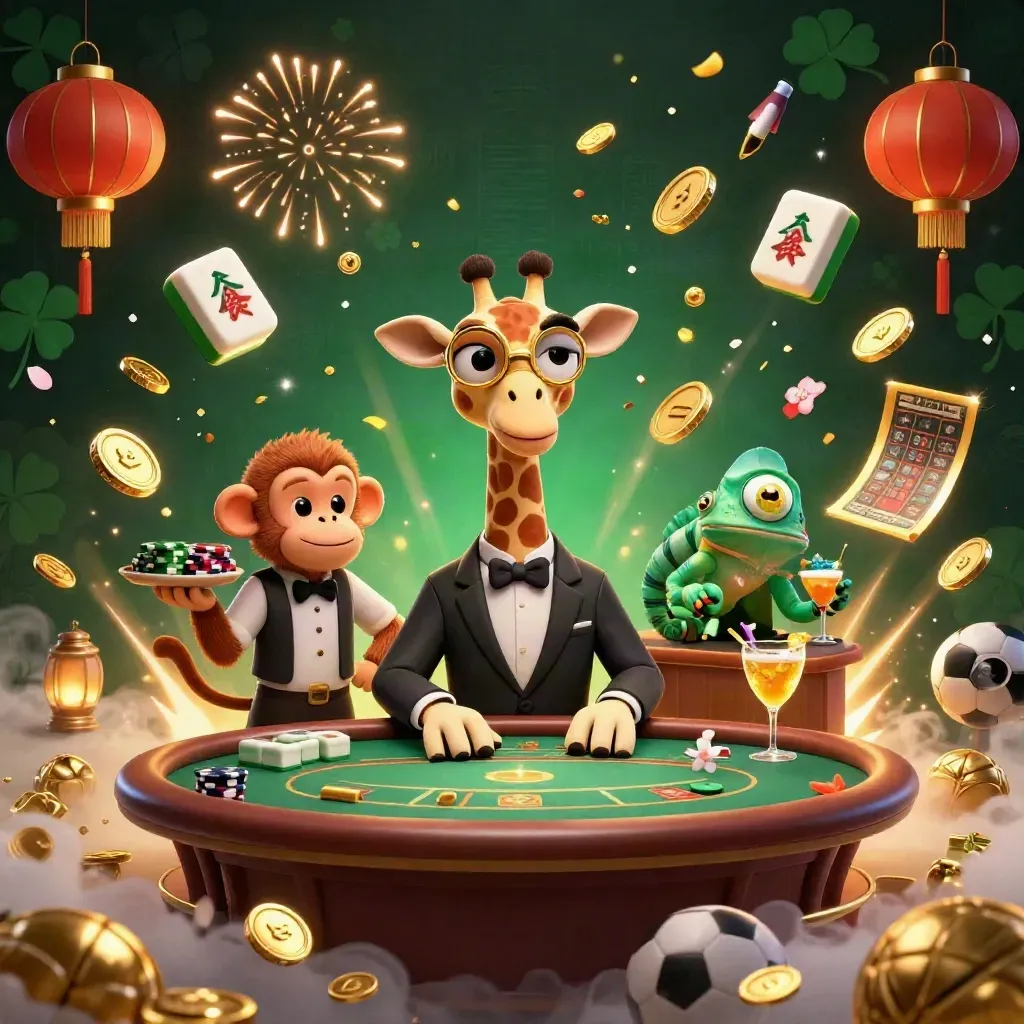 Jerapah VIP, monyet valet, dan kadal bartender dikelilingi koin emas, petasan, dan bonus casino.