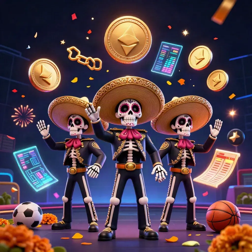 Tiga skeleton mariachi 3D, koin kripto, konfeti, dan kembang api di latar kasino neon.