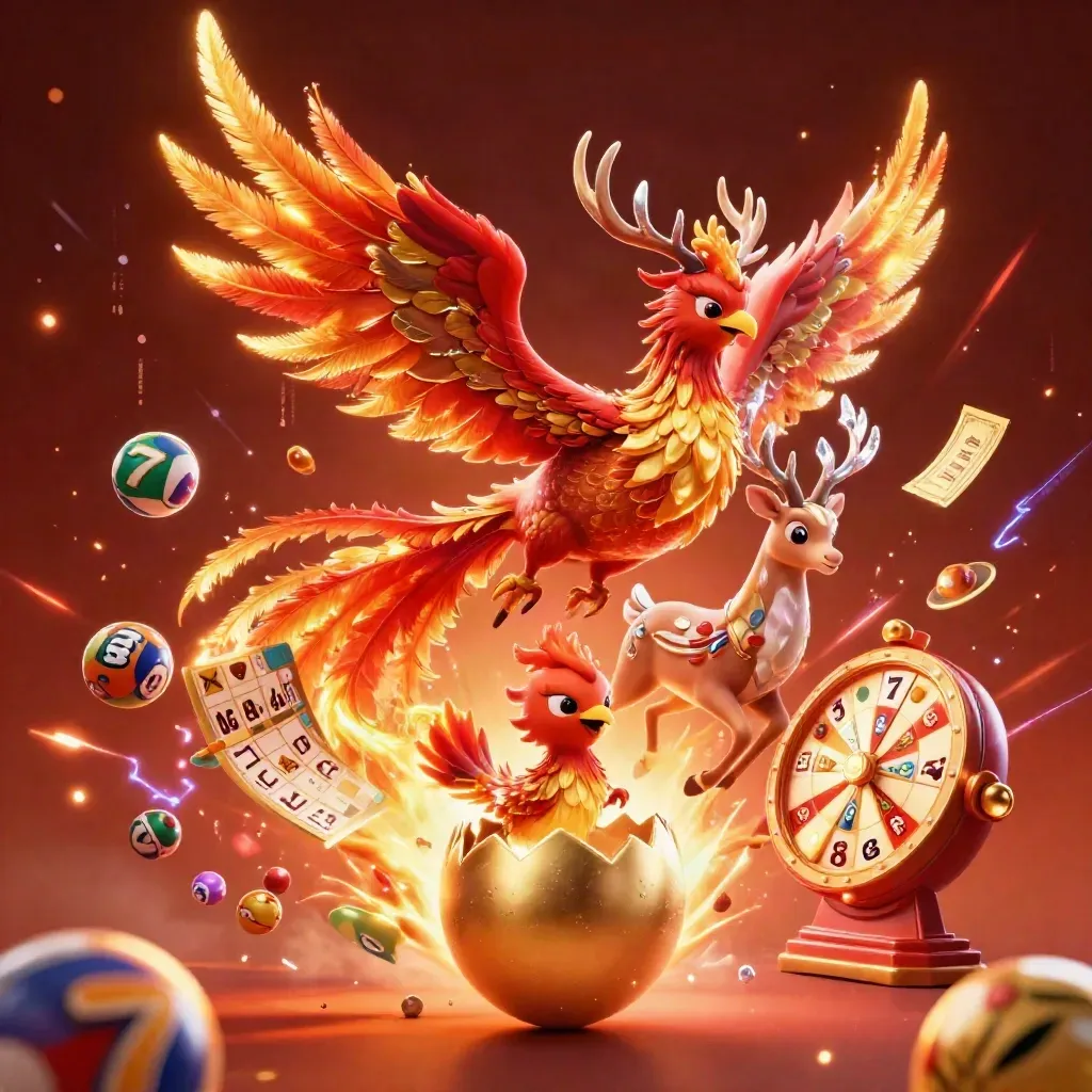 Phoenix api, bayi phoenix dari telur emas, rusa kristal, dan efek slot kasino neon.