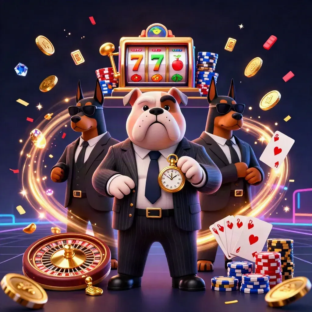 Bulldog mafia kartun bersama dua doberman, dikelilingi koin emas, roulette, chip, slot, dan neon mewah.