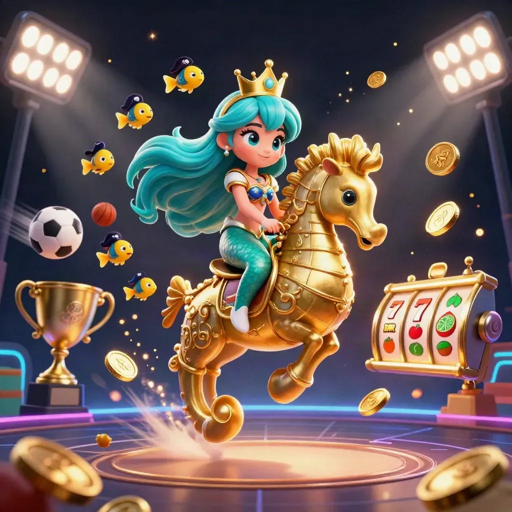 Putri duyung turkis menunggang kuda laut emas dikelilingi bola, koin, dan efek neon kasino.