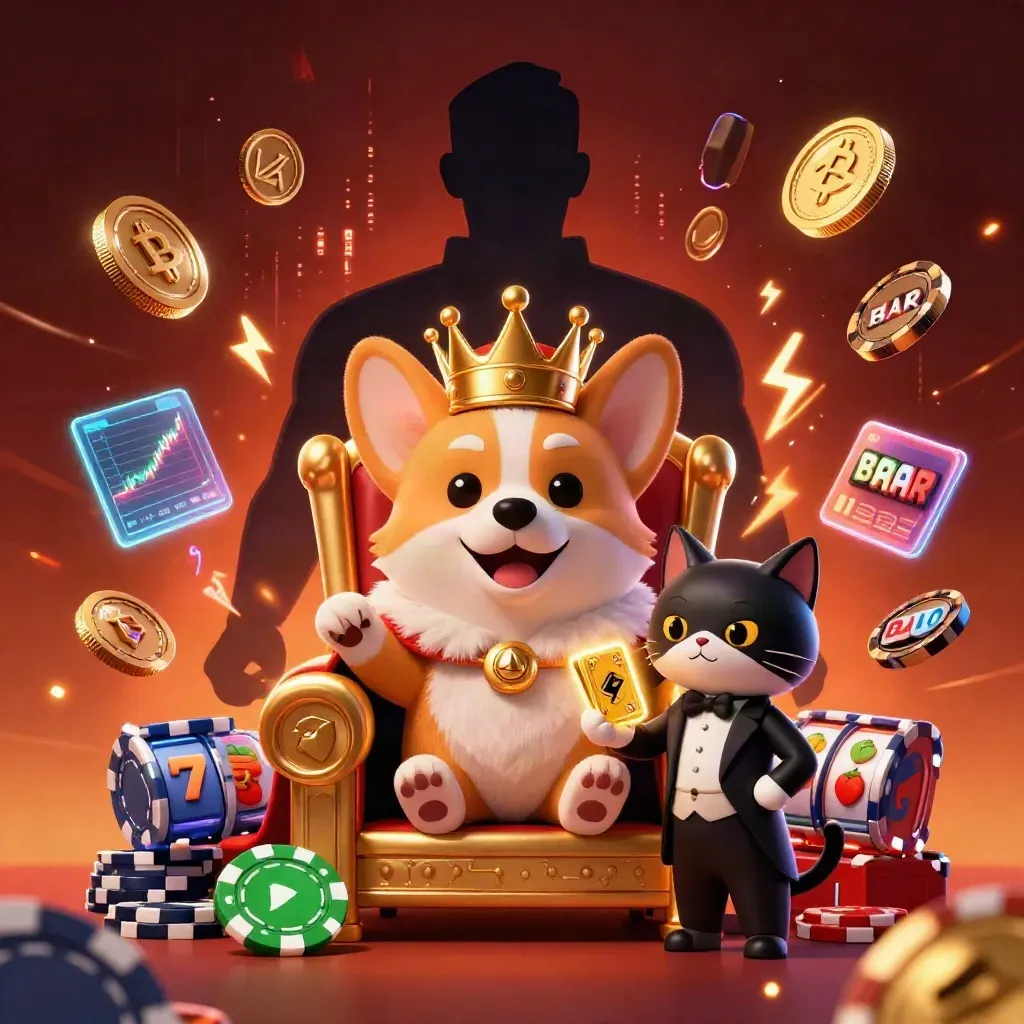 Kucing pelayan dan corgi raja di atas tahta chip, dikelilingi koin kripto dan efek neon.