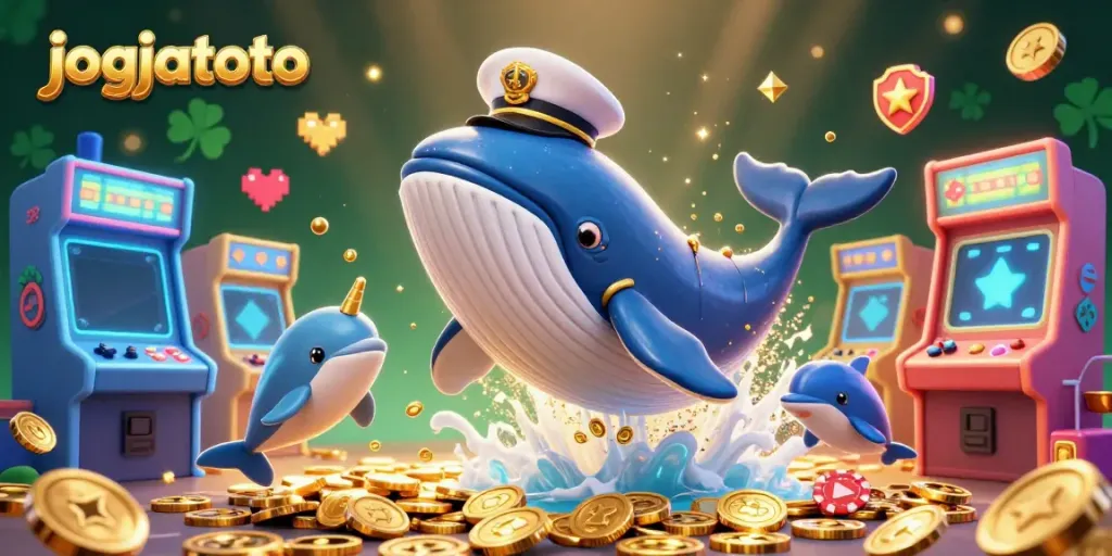 Join jogjatoto with playful dolphins and a captain whale in a vibrant casino atmosphere.