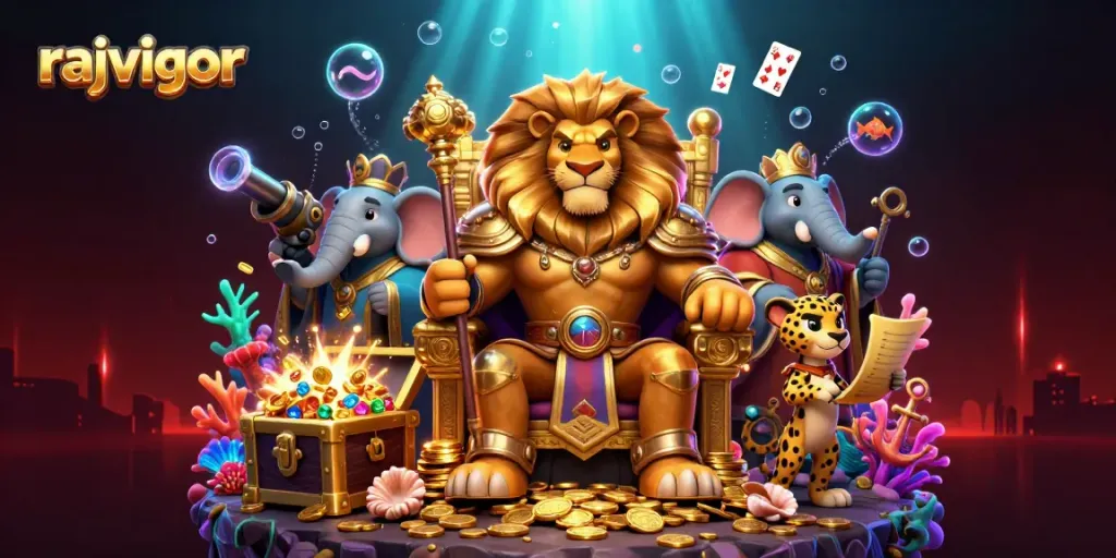 Engage with rajavigor in a vibrant 3D casino scene featuring stunning characters and dynamic elements.