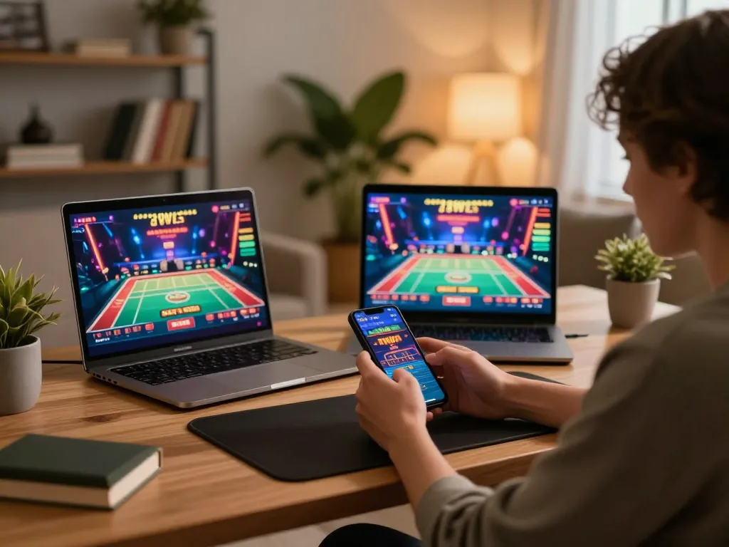 Engaging with the 78win app on a smartphone for online casino gaming at home, warm and inviting atmosphere.