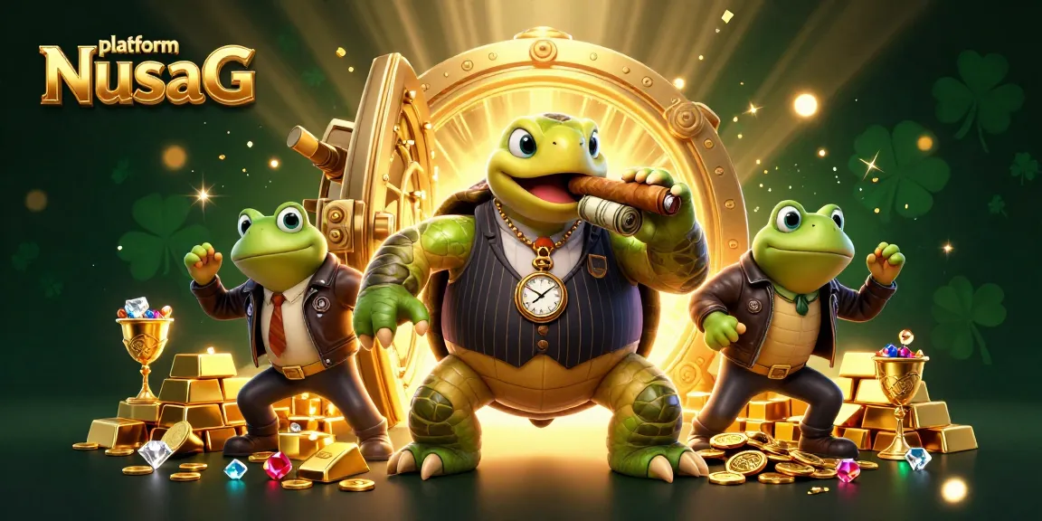 Experience the excitement of platform NusaGG with a cartoon turtle and bullfrogs in a vibrant casino scene.