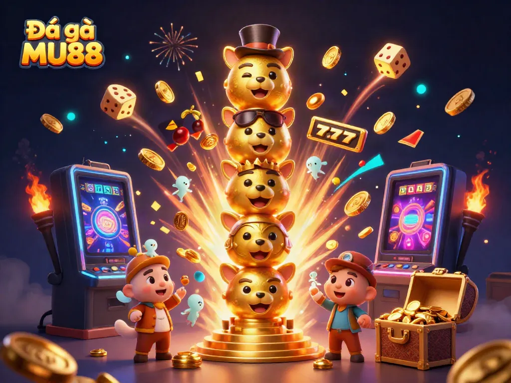 Experience the excitement of Đá gà MU88 with engaging visuals of a creative 3D casino scene bursting with energy and lively characters.