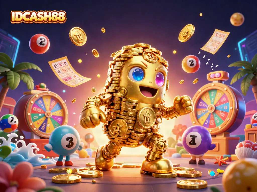 Experience IDCASH88 with a vibrant 3D illustration featuring dynamic gaming elements and stunning visuals.