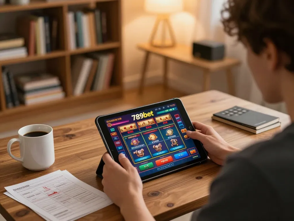 Engaging in online gaming on 789bet's platform, showing a cozy setup with strategic elements.