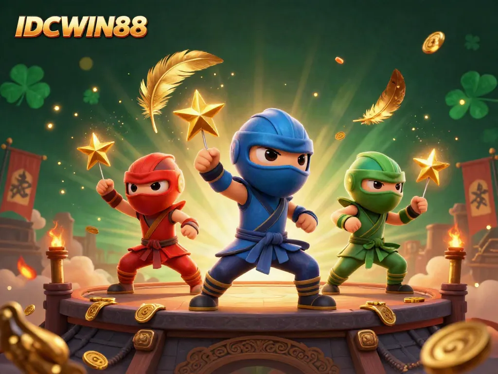 IDCWIN88 showcases a dynamic scene with chameleon ninjas amidst a vibrant casino-themed environment.