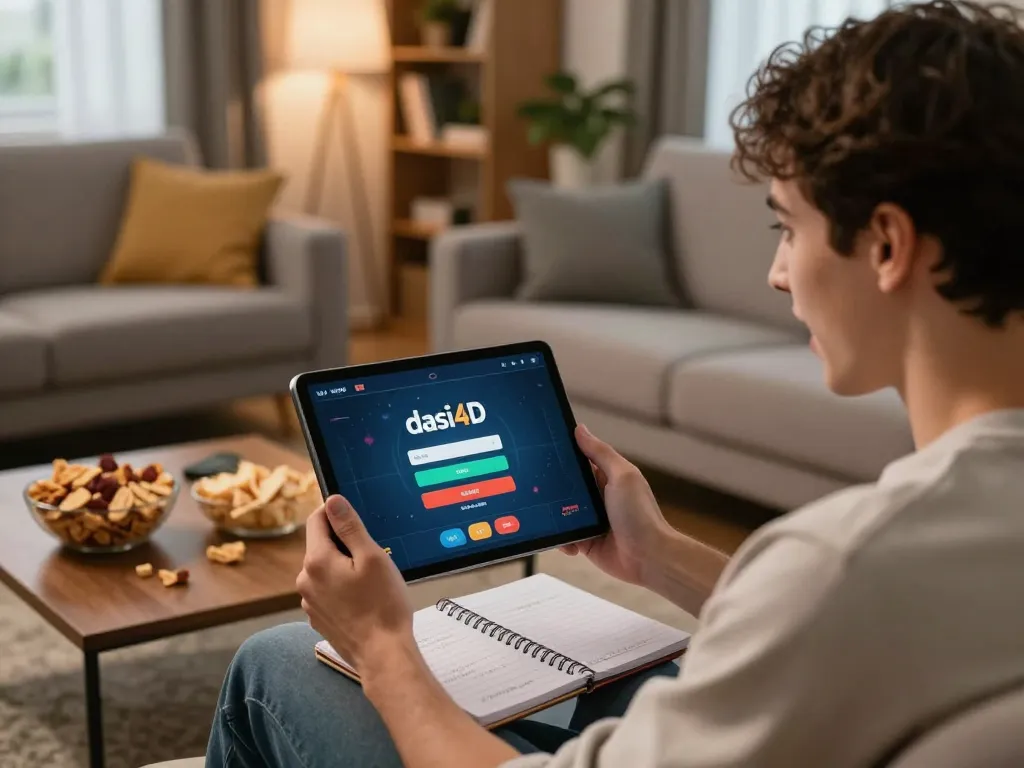 Layar login DASI4D ditampilkan di tablet dalam pengaturan permainan rumah yang nyaman, menciptakan suasana untuk perjudian online yang mendebarkan.