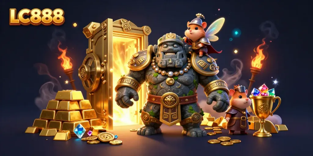 Engage with LC888's vibrant gaming experience through an enchanting 3D scene filled with treasures.