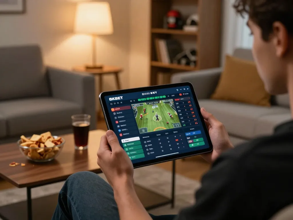 Person engaged with the 8KBET sports betting app in a cozy home setting, showcasing modern online gambling.