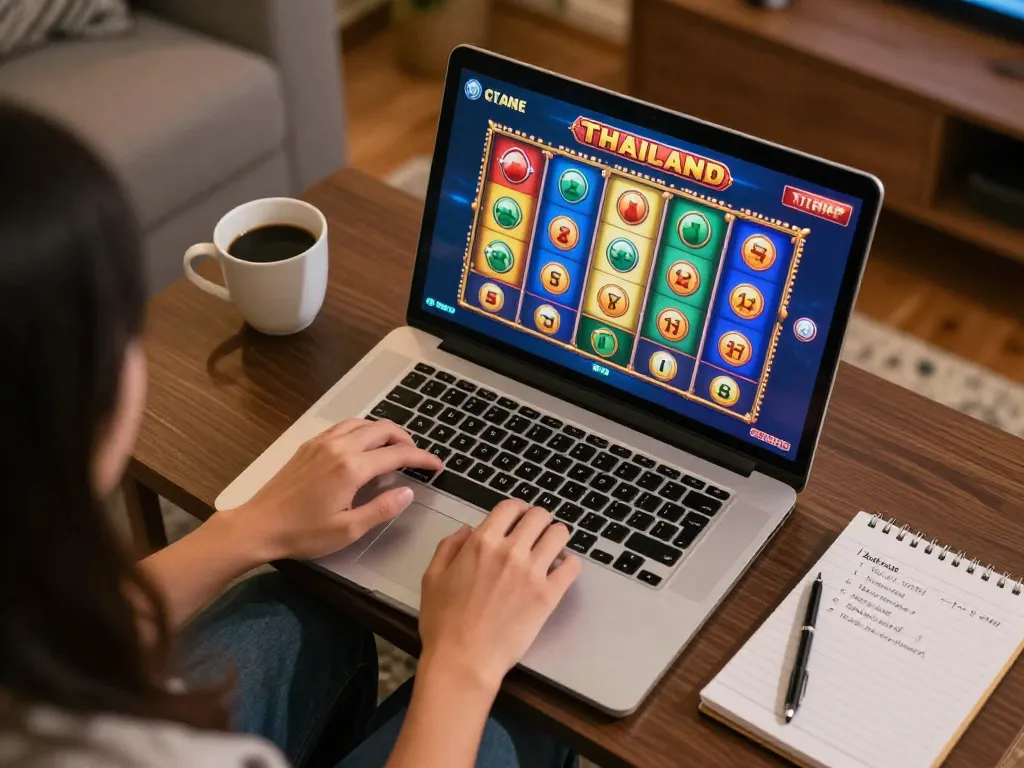 Engaging online gaming experience with slot thailand gameplay on a laptop in a cozy home setting