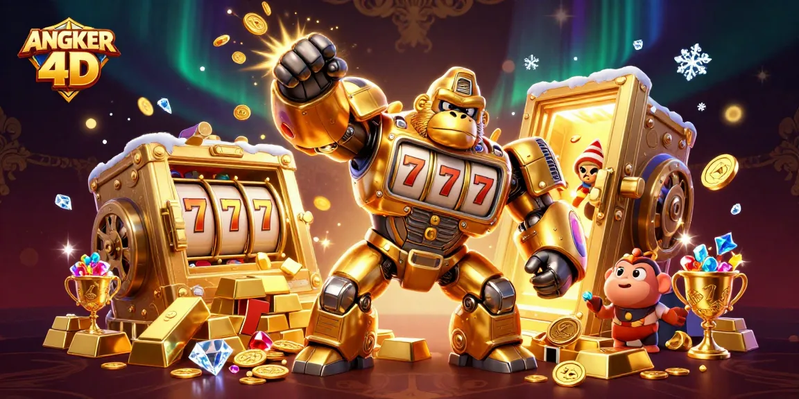 Win big with ANGKER 4D in this vibrant and action-packed casino illustration featuring a golden gorilla mech!