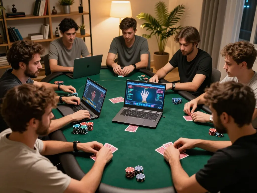 Intense players engaged in online poker game using link SC88 in a warm, cozy living room.