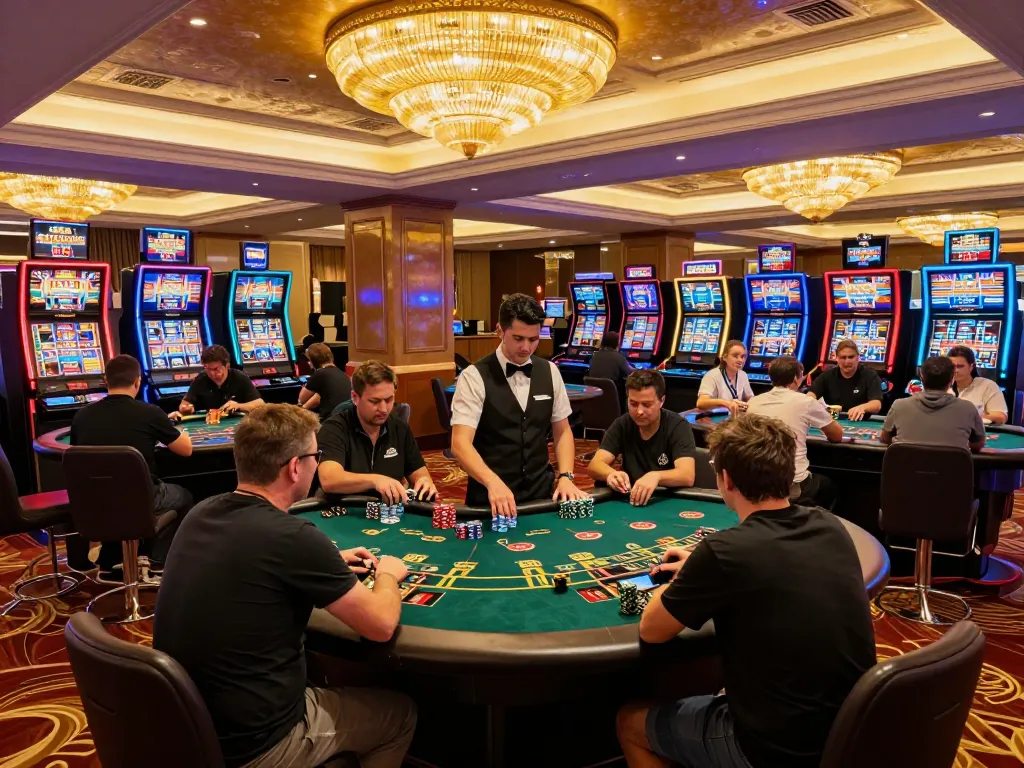 Players enjoying a game of blackjack at a luxurious casino floor, embodying the surewin spirit of excitement.