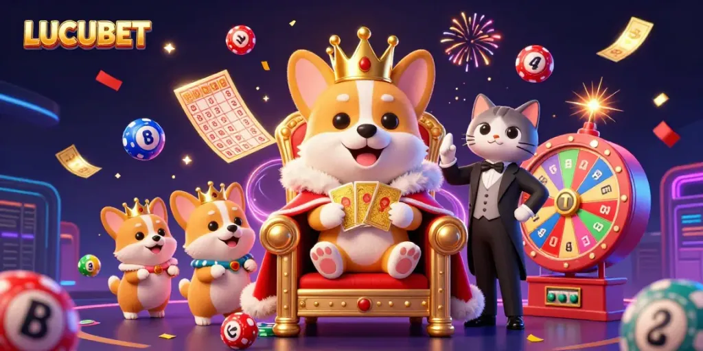 Engage with LUCUBET's thrilling gaming experience featuring colorful lottery balls and royal characters.