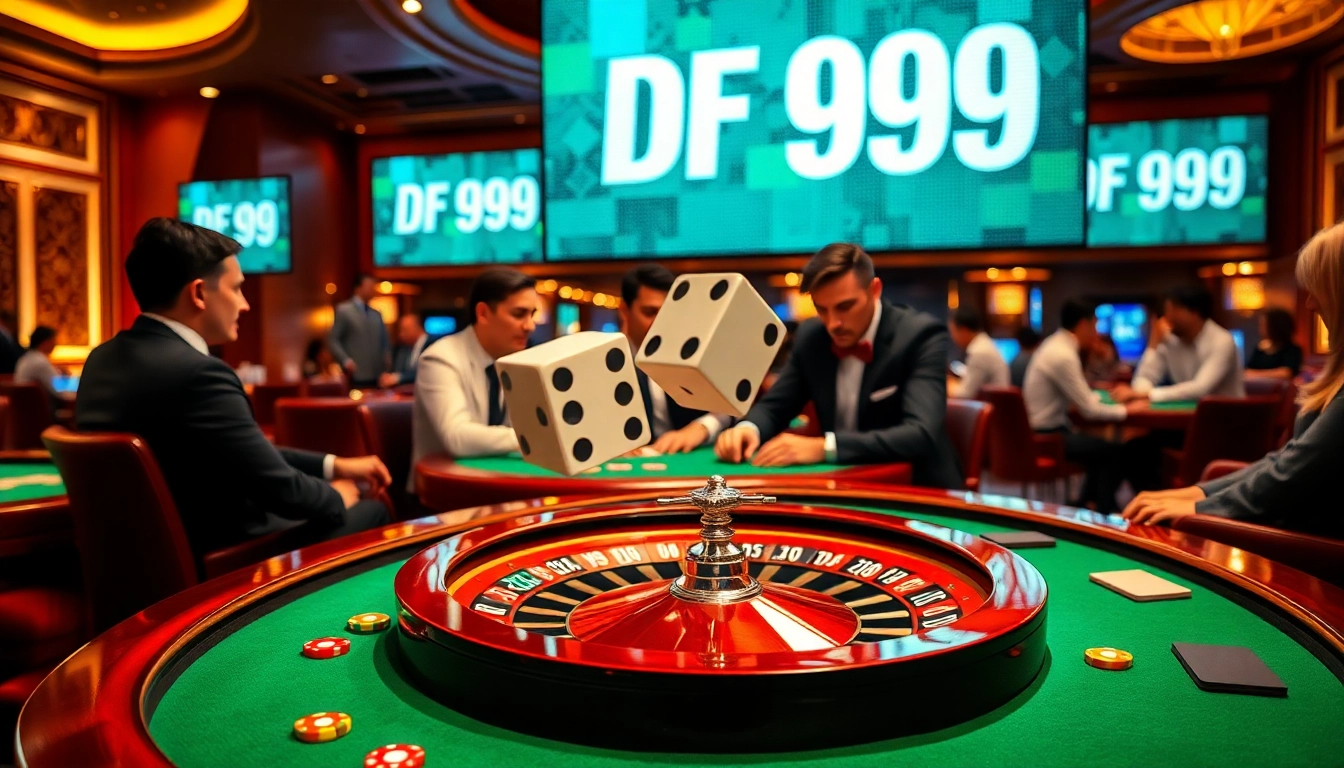 Players enjoying a thrilling round of poker at the luxurious DF 999 casino setup.