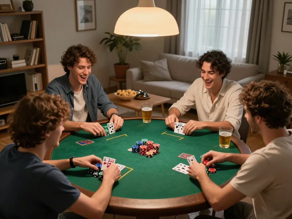 Friends playing poker during a lively home game night, enjoying the excitement of IDCWIN88.