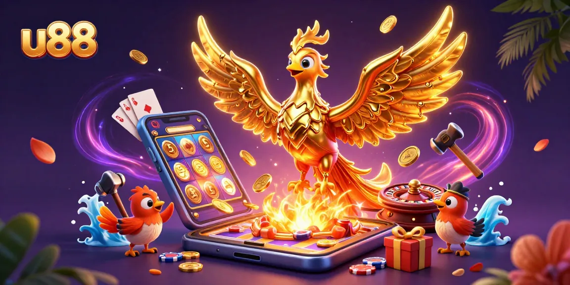Win with U88 by exploring vibrant slot games surrounded by gold coins and casino elements.